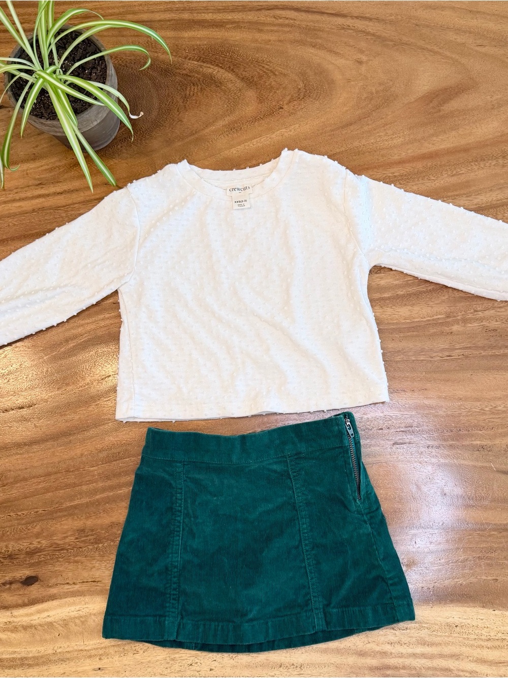 Crewcuts Girls 2T Fall Outfit | White Swiss Dot Top + Green Corduroy Skirt